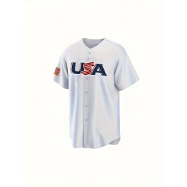 1pc Men'S Classic American Baseball Jersey Shirt - V-Neck, Short Sleeve, Embroidered USA Flag, Breathable Polyester, Lightweight, Moisture-Wicking, Ergonomic Design for Sports, Casual & Team Events
