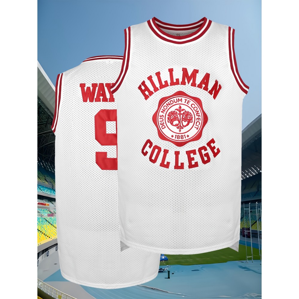 Wayman Hillman College #9 Men's Basketball Jersey - Breathable, Loose-Fit White Mesh Vest with Red & Black Striped Accents, Wayman Hillman College #9 Men's Basketball Jersey - Breathable, Loose-Fit White Mesh Vest with Red & Black Striped Accents,