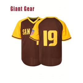 Men's #19 Brown Baseball Jersey with San Francisco Lettering & American Flag Patch - Loose Fit V-Neck Pullover for Training, Team Sports, Casual Wear (Sizes S-3XL), Outdoor Activity Clothing | Sporty Vneck Style | Durable Sportswear