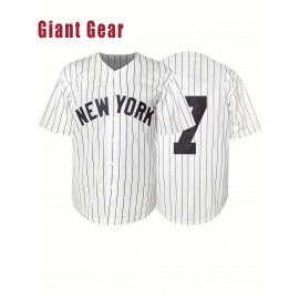 Men's #7 NY Embroidered Baseball Jersey - Breathable V-Neck, Black & White Striped Retro Design, Casual & Sports Wear for Parties, Training, and Outdoor Activities