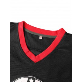 Men's #13 Black Embroidered Ice Hockey Sweater - Breathable Polyester, V-Neck Captain's Jersey with Classic Red & White Stripes, Ideal for Training, Competitions & Casual Wear in Spring, Summer, Fall, Hockey Jersey