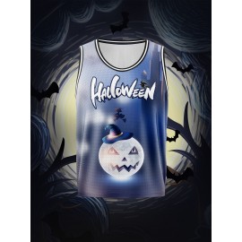 Boys' Customizable Name & Number Halloween Basketball Jersey - Polyester, 100% Polyester Breathable Sports Vest, Kids All-Over Print Tank Top for Training, Running, Outdoor Activities, Casual Parties, Loose Fit for Children Over 3 Years Old
