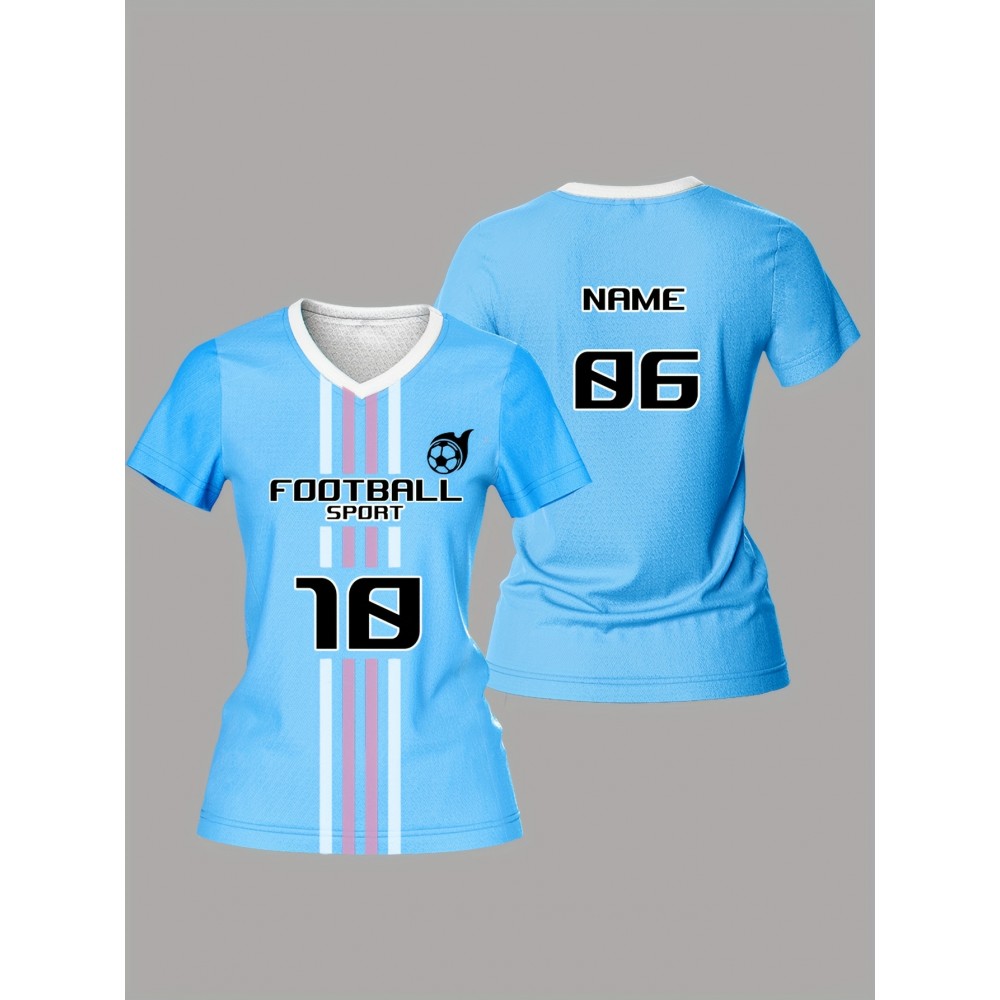 Customizable Women's V-Neck Football Jersey - Personal Name & Number, Breathable Polyester, Quick-Dry Sports Top for Team Training & Casual Wear, Blue with Striped Accents Customizable Women's V-Neck Football Jersey - Personal Name & Number, Breathable Polyester, Quick-Dry Sports Top for Team Training & Casual Wear, Blue with Striped Accents