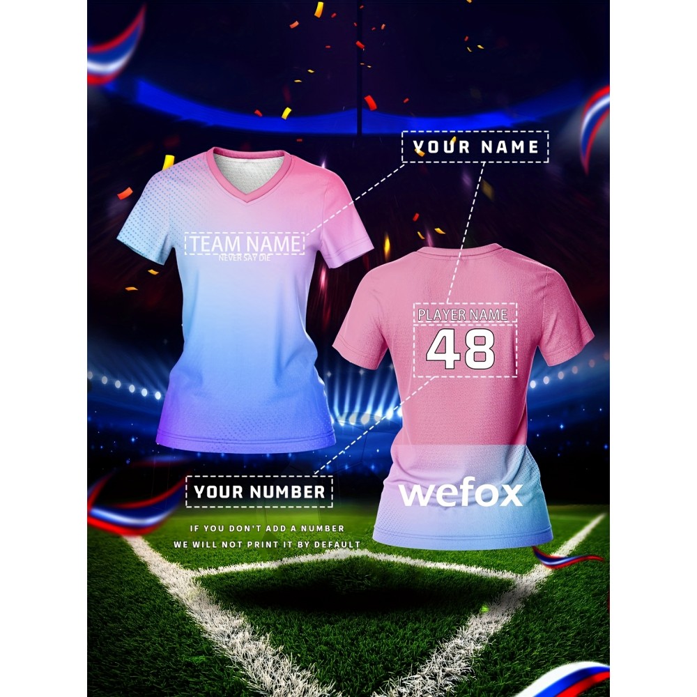Customized Name & Number Women's V-Neck Football Shirt - Breathable Quick-Dry Moisture-Wicking Jersey, Gradient Color Design for Team Training, Sports Fitness & Casual Wear (Spring/Summer/Fall), Breathable Material Customized Name & Number Women's V-Neck Football Shirt - Breathable Quick-Dry Moisture-Wicking Jersey, Gradient Color Design for Team Training, Sports Fitness & Casual Wear (Spring/Summer/Fall), Breathable Material