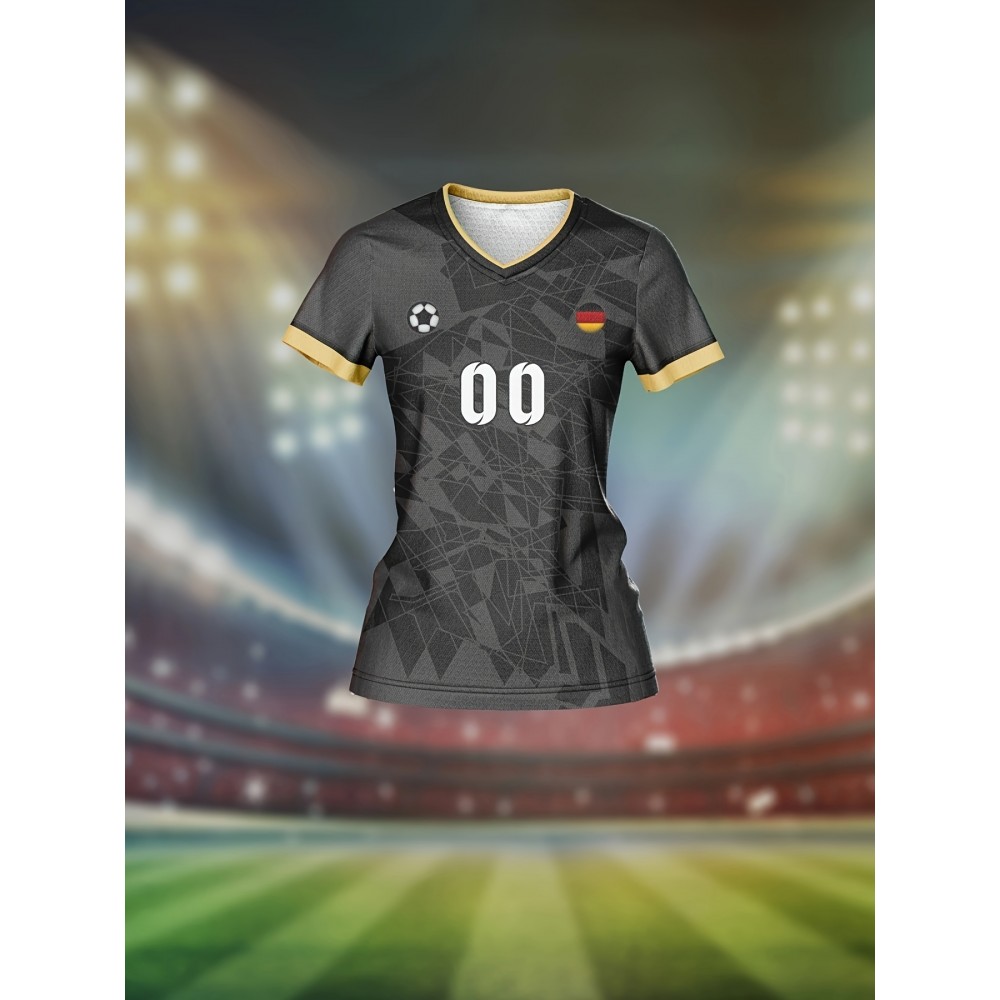 Customizable Women'S V-Neck Soccer Jersey - Personalized Name & Number, Breathable Quick-Dry Fabric for Team Training, Fitness & Casual Wear, Black with Red & White Design, Spring/Summer/Fal Customizable Women'S V-Neck Soccer Jersey - Personalized Name & Number, Breathable Quick-Dry Fabric for Team Training, Fitness & Casual Wear, Black with Red & White Design, Spring/Summer/Fal
