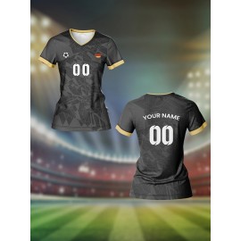 Customizable Women'S V-Neck Soccer Jersey - Personalized Name & Number, Breathable Quick-Dry Fabric for Team Training, Fitness & Casual Wear, Black with Red & White Design, Spring/Summer/Fal