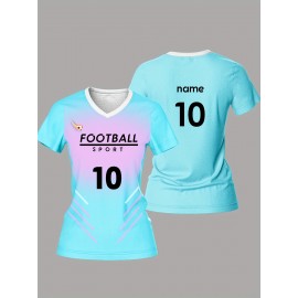Customized Name & Number Women's V-Neck Football Jersey - Breathable Quick-Dry Moisture-Wicking Fabric, Team Training & Casual Wear, Light Blue with Black Number Print, Spring Summer Fall Sports Apparel, Breathable Fabric
