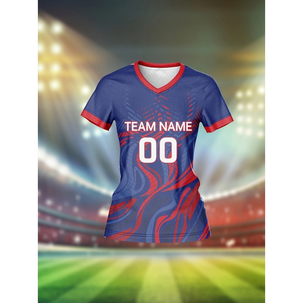 Customizable Women's V-Neck Football Jersey - Personalized Name & Number, Breathable Polyester, Quick-Dry Sports Top for Team Training, Casual Wear, and Fitness - Blue with Red & White Accents, Sports Training Top | Athletic Clothing | Smooth Fabric Customizable Women's V-Neck Football Jersey - Personalized Name & Number, Breathable Polyester, Quick-Dry Sports Top for Team Training, Casual Wear, and Fitness - Blue with Red & White Accents, Sports Training Top | Athletic Clothing | Smooth Fabric